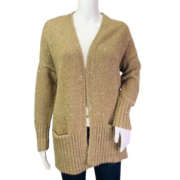 J Jill Womens Wool Blend Cardigan Sweater Gold Sequin Open Front Size M - Picture 2 of 11